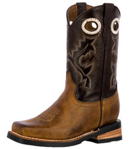 Kids Unisex Genuine Leather Cowboy Boots Two Tone Brown Square Toe Size 8, 12 - £42.54 GBP