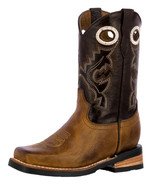 Kids Unisex Genuine Leather Cowboy Boots Two Tone Brown Square Toe Size ... - $54.99
