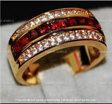 1.20 Ct Round Simulated Ruby 3-Row Men&#39;s Engagement Ring 14K Yellow Gold Plated - £104.57 GBP