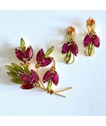 Vintage Watermelon Marquise Cut Glass Large Floral Brooch Clip On Earrin... - £96.94 GBP