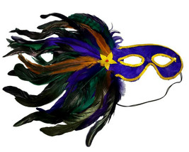 Purple Gold Green Side Feather Masquerade Mardi Gras Color Mask - £10.76 GBP
