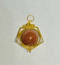 NOS 14K Ylw Gold Goldstone Venturina 12mm Bead Pentagon Shape Spinner Pendant - £139.82 GBP