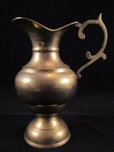 BRASS PITCHER w/ WIDE POUR SPOUT  DECORATIVE FILIGREE BRASS VASE 8&quot; T 11... - £13.94 GBP