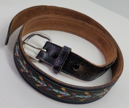 VTG Southwestern Style Embroidered Cowhide Leather Belt USA Aztec Fish B... - £23.14 GBP