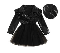 2pc Toddler Girls Long Sleeve Black PU Leather &amp; Lace Party Dress w/ Hat - £31.41 GBP