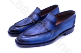 Handmade Blue Patina Leather Loafers Dress Shoes For Men, Custom Made Shoes - $140.98