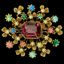 Vintage Floral Brooch – Purple Faux Stone, Midcentury 1950s–70s, Gold-Tone - $32.00