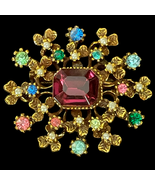 Vintage Floral Brooch – Purple Faux Stone, Midcentury 1950s–70s, Gold-Tone - $32.00