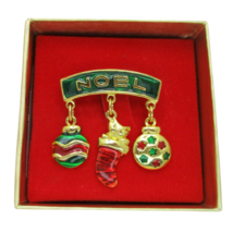 NWT  Vintage Christmas Signed Pin VAN DELL Noel Charm Pendant Brooch Gold Green - £13.43 GBP