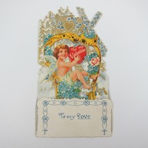 Vintage Valentine 3D Pop Up Die Cut Blonde Boy Angel Cupid Gold Harp Blue Flower - £11.93 GBP
