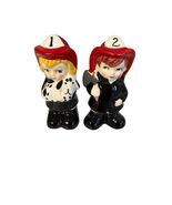 Vintage Firefighter Boy Girl Ceramic Salt Pepper Shakers Dalmatian Korea - $21.60