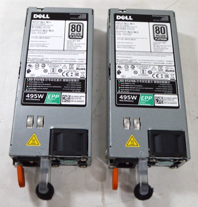 Primary image for LOT OF 2 Dell PowerEdge T440 495W 80 Plus Platinum E495E-S1 Power Supply 0VKDD2