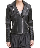 WOMEN&#39;S QUILTED DIAMOND BLACK MOTO LEATHER JACKET - ALL SIZES - $177.78 CAD