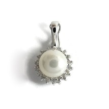 White Pearl Diamond Halo Necklace Pendant Charm 14K White Gold, 1.48 Grams - £315.74 GBP