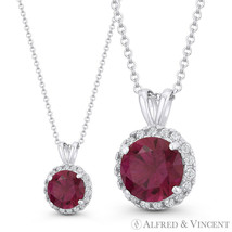 Round Cut Simulated Ruby &amp; Clear Cubic Zirconia CZ Halo 14k White Gold Pendant - $89.09+