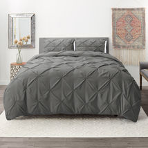 Charcoal Gray Twin Pinch Pleat Duvet Cover Set 3Pc Luxurious Pintuck Style - £42.11 GBP