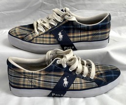 Polo Ralph Lauren Shoes Mens Blue &amp; Tan Madras Plaid Canvas Size 10.5 D Sneakers - $39.55