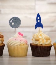 Space Cupcake toppers, Moon and Rocket Cupcake Toppers, Space - $8.42