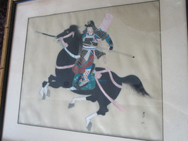 Japanese Midcentury Original Painting Oil On Silk Samurai In Black Horse Sign - £198.45 GBP