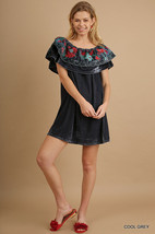Umgee Womens Off Shoulder Dress Velour Gray Floral Embroidered Boho NEW - $24.00