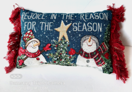 Vintage Tapestry Christmas Holiday Pillow Accent Bolster Lumbar Cushion Snowman - £17.24 GBP