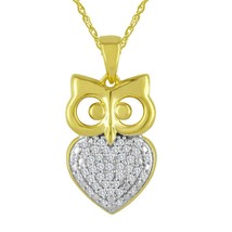 Womens 0.15Ct Real Moissanite Owl Pendant Necklace 14K Yellow Gold Plated Silver - £67.10 GBP