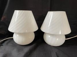 Set of 2  8 Inch Vetri Murano Swirled WHITE Glass Mushroom Table Lamp Twist - £541.79 GBP