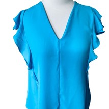 Ann Taylor Ladies Ss Ruffled Vneck Blue Top Tunic Blouse Shirt Euc Xs - £17.65 GBP