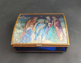 Vtg Enesco Nativity Music Jewelry Box Cobalt Glass Brass Joy To The World Tested - £11.62 GBP
