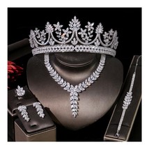 Women's Engagement Jewelry Set, High Quality CZ Wedding Bridal Tiara Crown Neckl - £137.49 GBP