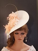 White &amp; SalmonPink fascinator large saucer hatinator Quil Floral Church ... - £74.75 GBP