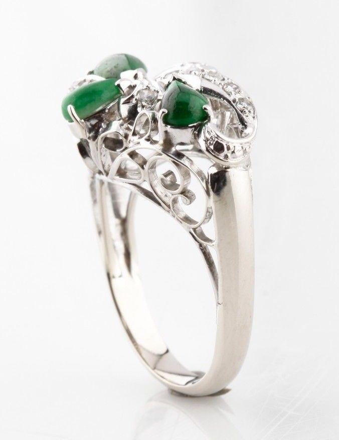 Cabochon Jadeite and Diamond 10k White Gold Cluster Ring Size 5.75 Item image 5