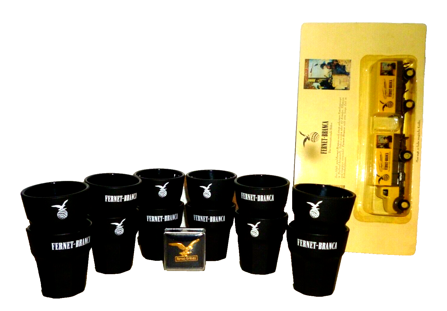 12 Fernet Branca Ceramic Shot Glasses, Pin, &amp; Model Truck - $99.95