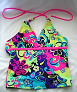  Justice Neon Flower Tankini Top Girls Size 10 Beaded Ties Swimsuit Top - £12.63 GBP