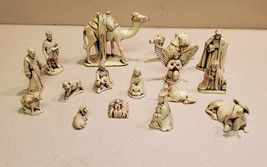Vintage Set Of Sixteen (16) Rustic Beige Glazed Ceramic Nativity Figures Set - £11.83 GBP