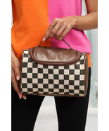 Black Checker Print Leather Zipper Makeup Bag - $35.86 CAD