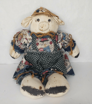 Vintage 15&quot; Handmade Farmer Pig Rag Doll Dress Hat Green Apron Farm Country - £13.52 GBP