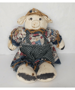 Vintage 15&quot; Handmade Farmer Pig Rag Doll Dress Hat Green Apron Farm Country - £13.87 GBP
