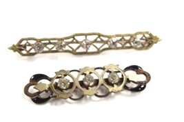 2 Victorian brooches Bar pins antique 100 years old Enameled  C-Clasp Rh... - $60.15