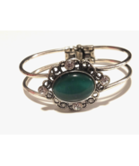 Vintage Silver Tone Hinged Bangle Bracelet w/Green Stone - $9.99