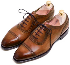 OXFORD Wooden Brown Patina Cap Toe Shape Premium Leather Men Formal Office Shoes - £101.82 GBP