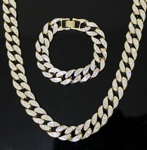 Mens Necklace Bracelet Set Iced CZ Miami Cuban Link Chain 14k Gold Plated HipHop - £13.37 GBP+