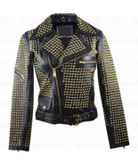 New Women&#39;s Full Brando Style Golden Studded Punk Cowhide Leather Jacket... - £304.91 GBP