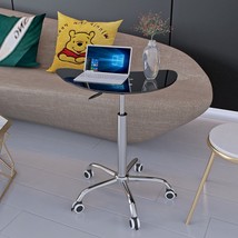 Adjustable Height Black Tempered Glass Table Desk Table with Lockable Wheels - £83.54 GBP