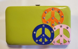 I Squared Push Lock Long Rectangle Wallet Green Peace Signs Rhinestones - $14.50