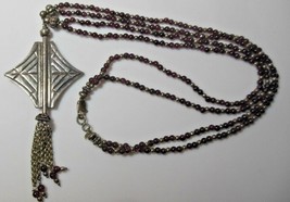 Vintage Double Strand Garnet &amp; 925 Silver Pendant Tassel Necklace - £194.94 GBP