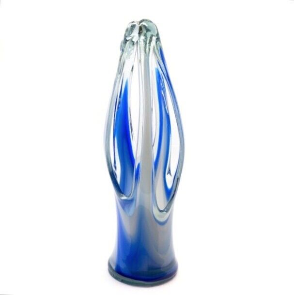 Primary image for Vintage Hand Blown Art Glass Tall Vase Blue White Finger Swirl Opalescent  15" h