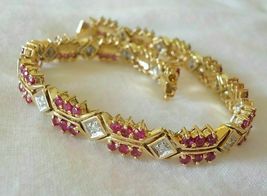 14K Yellow Gold Over Round Ruby Princess Diamond Wide Bracelet 8.62Ct - £149.33 GBP