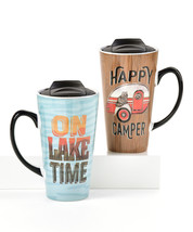 Camping Travel Mugs with Lid Set of 2 Hot Cold Camper Lake Theme 16 oz Ceramic - £23.52 GBP
