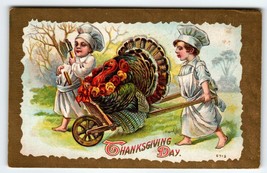 Thanksgiving Postcard Chefs Cart Turkey On Wheel Barrel John Winsch Back Emboss - $12.60